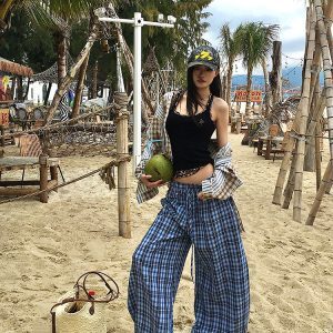 Vintage-Inspired Spicy Girl Casual Pants for Women - Retro Blue Plaid Loose Wide-Leg Straight Leg Trousers - Y2K Fashion