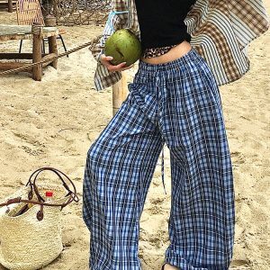 Vintage-Inspired Spicy Girl Casual Pants for Women - Retro Blue Plaid Loose Wide-Leg Straight Leg Trousers - Y2K Fashion