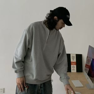 Vintage-Inspired Unisex Loose Boxy Half-Zip Sweatshirt, Casual Round Neck Pullover Jacket, 90s Trendy Style