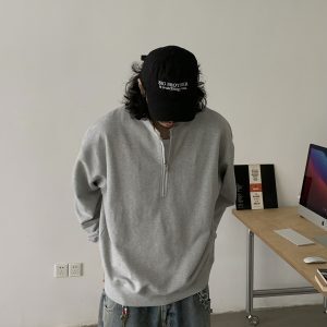 Vintage-Inspired Unisex Loose Boxy Half-Zip Sweatshirt, Casual Round Neck Pullover Jacket, 90s Trendy Style