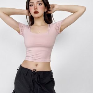 Vintage Jazz-Style French U-Neck Solid Color T-Shirt for Women, Slim Fit Short Sleeves Summer Top for Trendy Girls