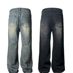 Vintage Knife-Cut Wide-Leg Flared Jeans in Two-Tone Heavy Wash - 90s Inspired Denim Trousers