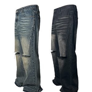 Vintage Knife-Cut Wide-Leg Flared Jeans in Two-Tone Heavy Wash - 90s Inspired Denim Trousers