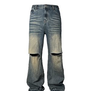Vintage Knife-Cut Wide-Leg Flared Jeans in Two-Tone Heavy Wash - 90s Inspired Denim Trousers
