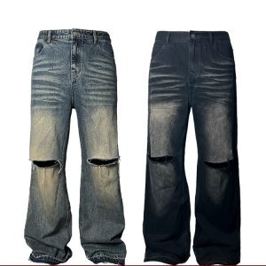 Vintage Knife-Cut Wide-Leg Flared Jeans in Two-Tone Heavy Wash - 90s Inspired Denim Trousers
