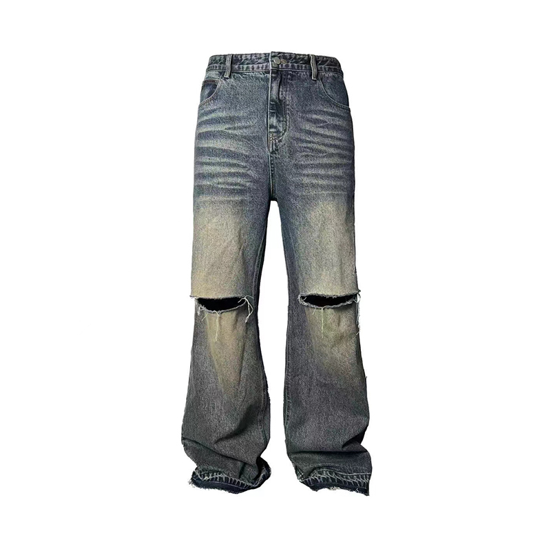 Vintage Knife-Cut Wide-Leg Flared Jeans in Two-Tone Heavy Wash - 90s Inspired Denim Trousers