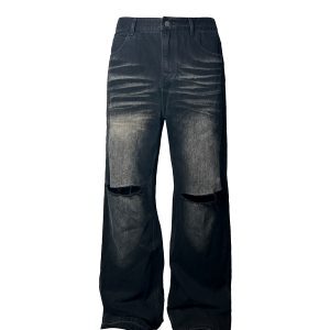 Vintage Knife-Cut Wide-Leg Flared Jeans in Two-Tone Heavy Wash - 90s Inspired Denim Trousers