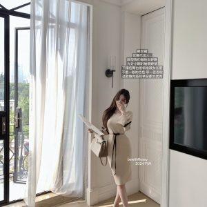 Vintage Korean-Style Waist-Cinching Bow-Tie Flared Sleeve Bodycon Dress for a Chic Y2K Look