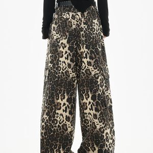 Vintage Leopard Print Straight Leg Jeans for Women - Early Autumn American Style Hip Hop Dance Pants