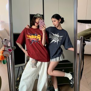 Vintage Letter Print Round Neck T-Shirt for Men and Women - Casual Loose Fit Street Style Short Sleeve Top