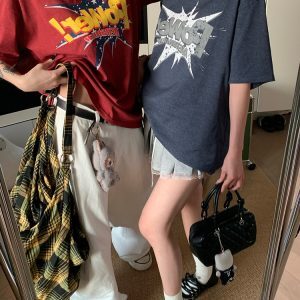 Vintage Letter Print Round Neck T-Shirt for Men and Women - Casual Loose Fit Street Style Short Sleeve Top