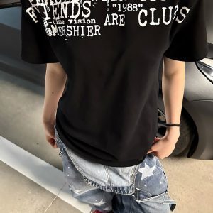 Vintage Letter Print Summer Loose Casual T-Shirt for Men and Women, Regular Shoulder Short Sleeve, Versatile 90s Style Top