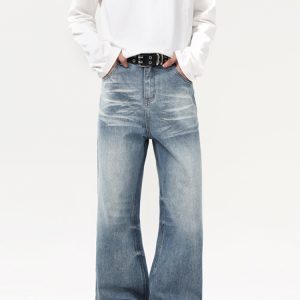 Vintage Light Blue Flared Jeans for Men and Women - Cleanfit Cat Whisker Loose Floor-Length Pants - Y2K 90s Style