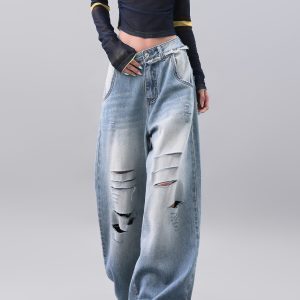Vintage Light Blue Ripped High Waist Wide-Leg Jeans for Women with Cut-Out Design, Slimming 90s Style Floor-Length Pants