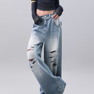 Vintage Light Blue Ripped High Waist Wide-Leg Jeans for Women with Cut-Out Design, Slimming 90s Style Floor-Length Pants
