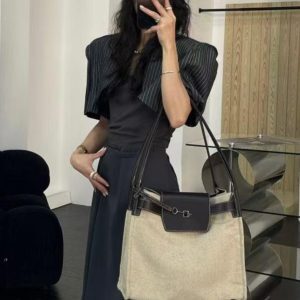 Vintage Linen Tote Bag with Small Key Lock Design - Women's High-End Shoulder Crossbody Bag for Effortless Style