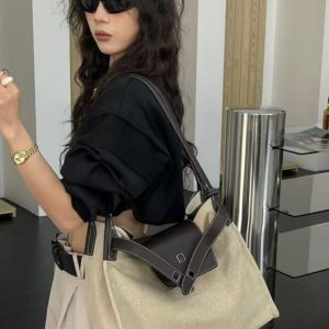 Vintage Linen Tote Bag with Small Key Lock Design - Women's High-End Shoulder Crossbody Bag for Effortless Style