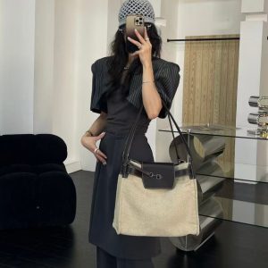 Vintage Linen Tote Bag with Small Key Lock Design - Women's High-End Shoulder Crossbody Bag for Effortless Style