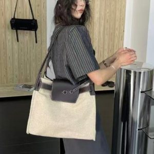 Vintage Linen Tote Bag with Small Key Lock Design - Women's High-End Shoulder Crossbody Bag for Effortless Style