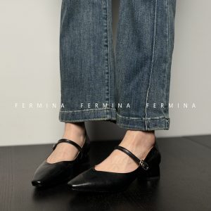 Vintage Low-Cut One-Strap Mary Jane Shoes for Women - Chunky Heel Small Leather Spring 2024 Footwear