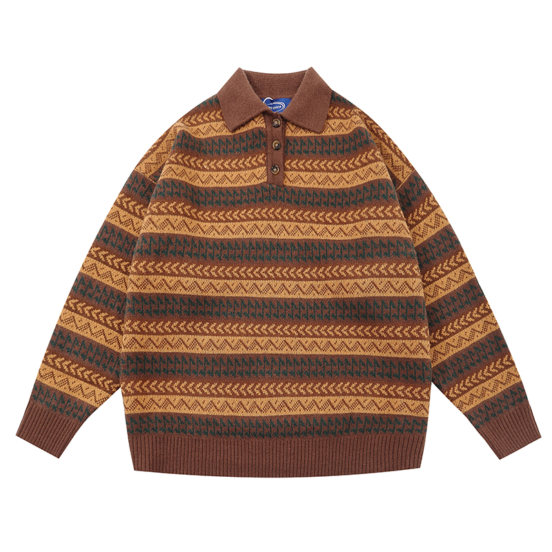 Vintage Melange Striped Sweater for Men and Women, Loose Polo Neck Knitwear, Coffee Color, Y2K Style for Spring and Autumn