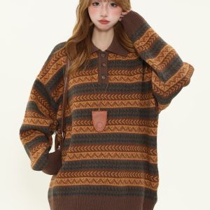 Vintage Melange Striped Sweater for Men and Women, Loose Polo Neck Knitwear, Coffee Color, Y2K Style for Spring and Autumn