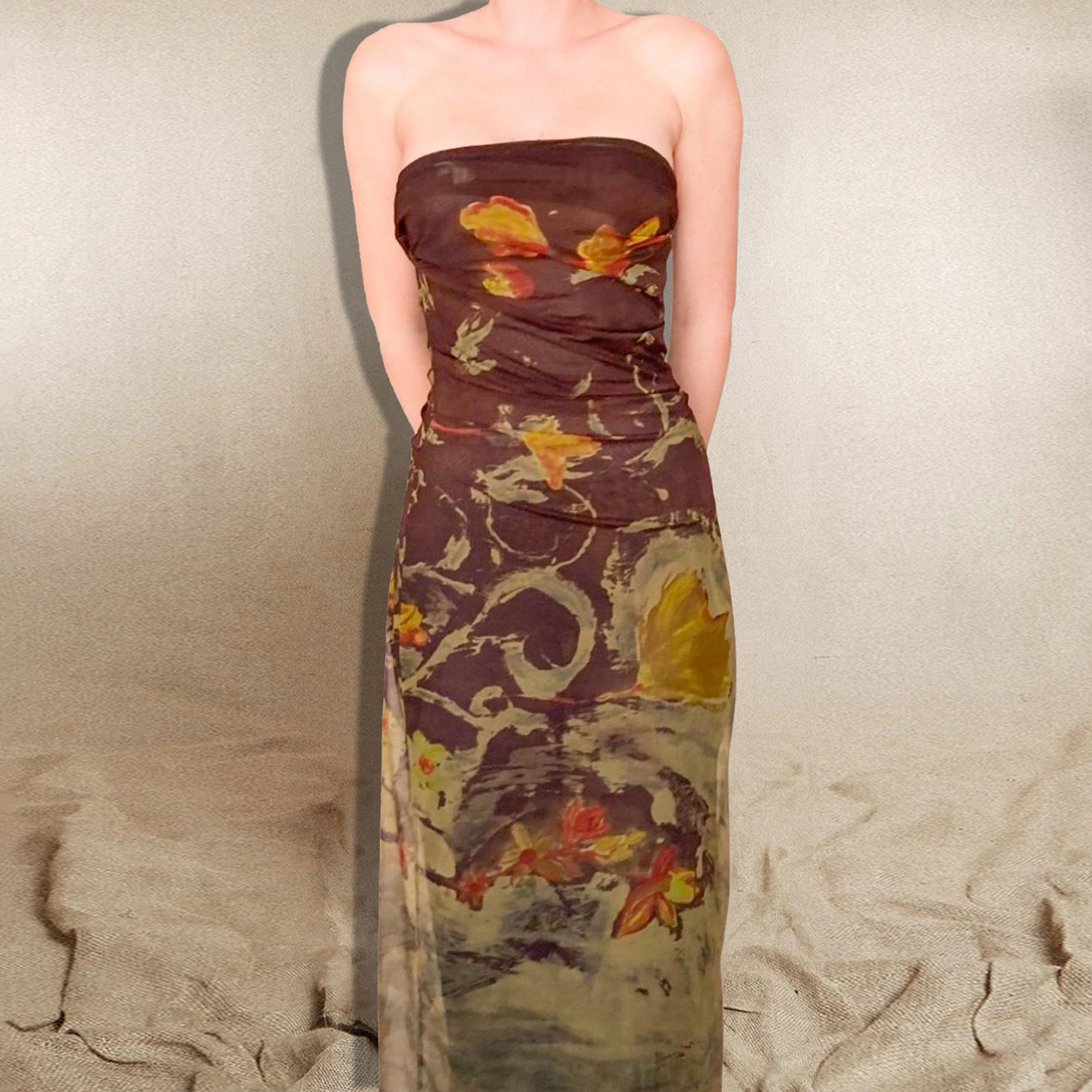 Vintage Oil Painting Style Printed Dress - Strapless Slim Fit Mid-Length Dress for Versatile Style - Perfect for Y2K and Retro Fashion