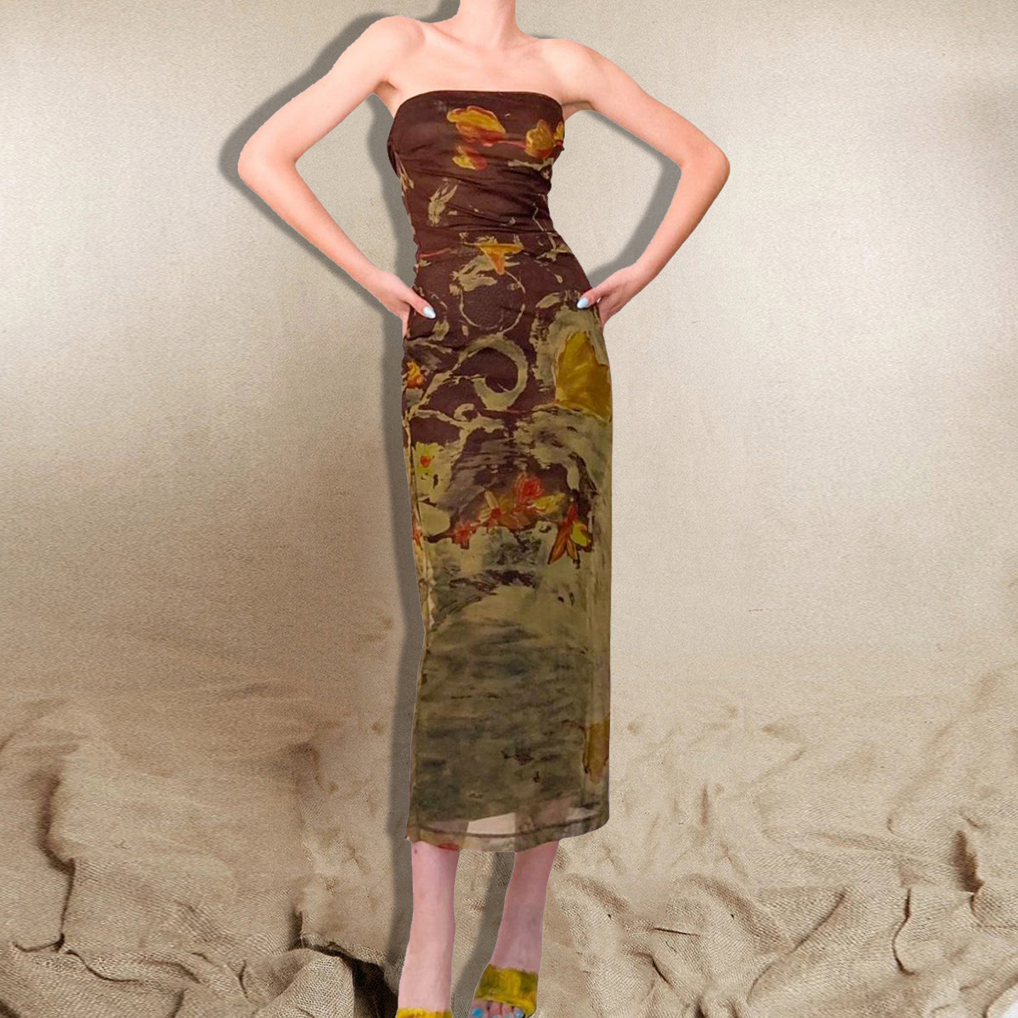 Vintage Oil Painting Style Printed Dress - Strapless Slim Fit Mid-Length Dress for Versatile Style - Perfect for Y2K and Retro Fashion