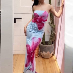 Vintage One-Shoulder Strapless Dress, Breathable Mesh, Elastic Pleated High Waist, Fitted Long Skirt, Y2K Style, Summer Fashion