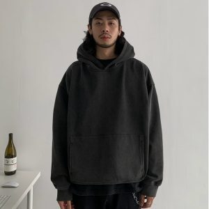 Vintage Oversized Washed Distressed Drop-Shoulder Hooded Sweatshirt for Men - Trendy American Style