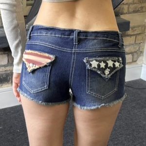 Vintage Patchwork Frayed Denim Shorts for Women - Button Low Waist Slim Fit Hot Pants - 90s Inspired Summer Style