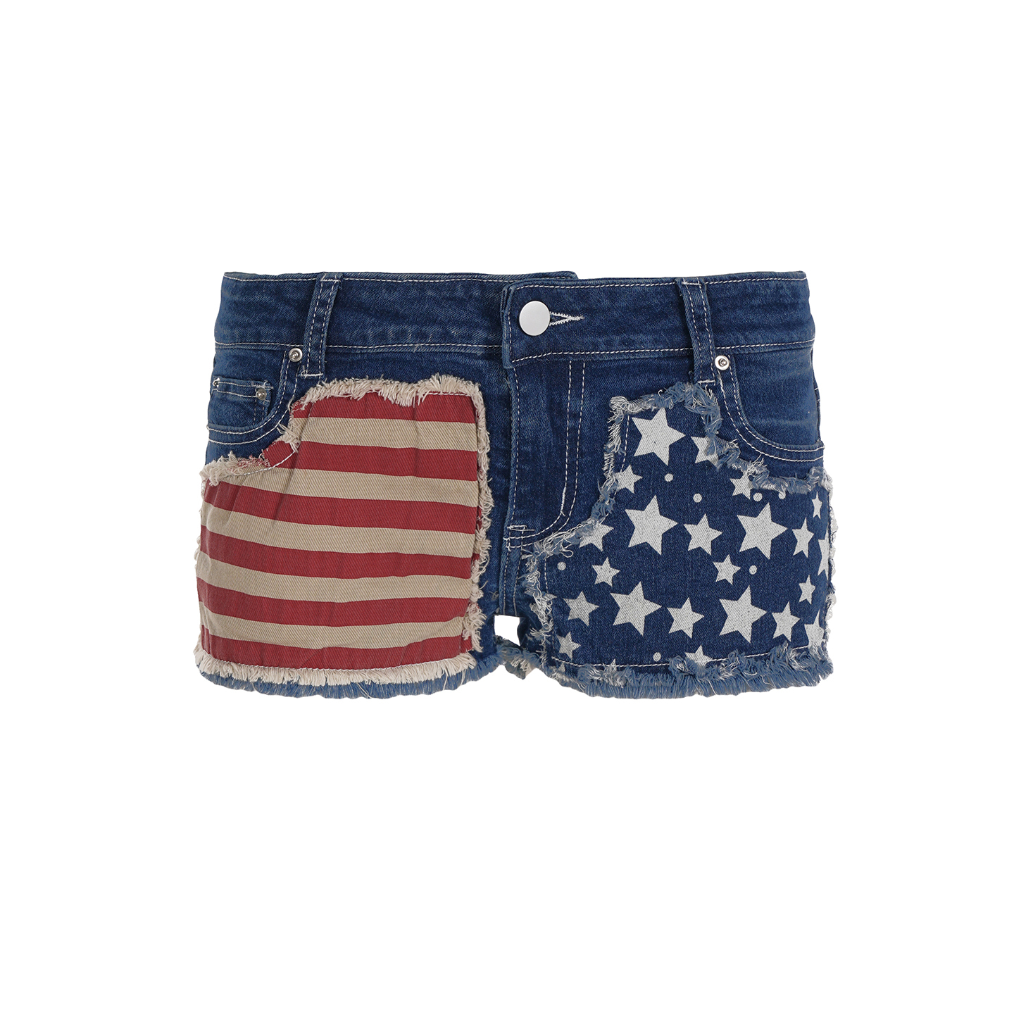 Vintage Patchwork Frayed Denim Shorts for Women - Button Low Waist Slim Fit Hot Pants - 90s Inspired Summer Style