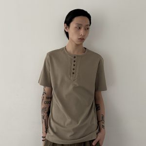 Vintage Patchwork Henley Short Sleeve T-Shirt for Men and Women, Cleanfit Loose Casual Top, Retro Commuter Style