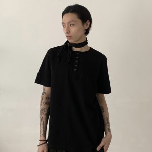 Vintage Patchwork Henley Short Sleeve T-Shirt for Men and Women, Cleanfit Loose Casual Top, Retro Commuter Style