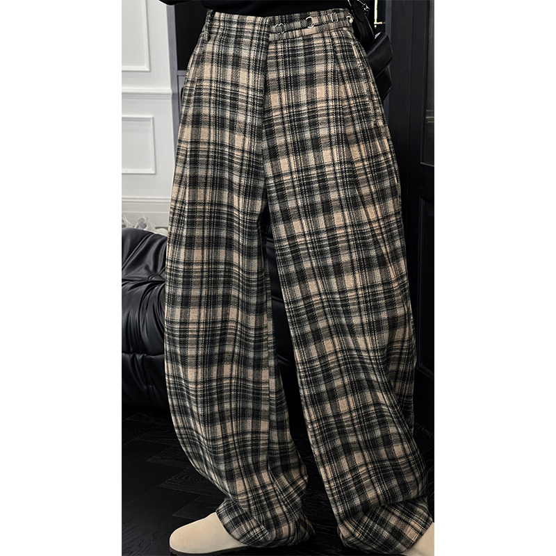 Vintage Plaid Casual Pants for Men - 2024 Autumn Winter Thick Loose Straight Wide-Leg Trousers, Versatile Y2K Style