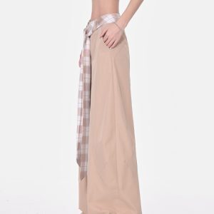 Vintage Plaid Lace-Up High-Waisted Wide-Leg Casual Pants for Women - Summer Quick-Dry Straight Leg Trousers