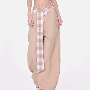 Vintage Plaid Lace-Up High-Waisted Wide-Leg Casual Pants for Women - Summer Quick-Dry Straight Leg Trousers