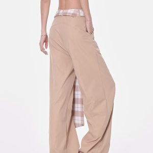 Vintage Plaid Lace-Up High-Waisted Wide-Leg Casual Pants for Women - Summer Quick-Dry Straight Leg Trousers