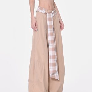 Vintage Plaid Lace-Up High-Waisted Wide-Leg Casual Pants for Women - Summer Quick-Dry Straight Leg Trousers