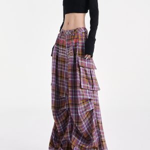 Vintage Plaid Wide-Leg Floor-Length Casual Pants with Color Block Design - Early Autumn 90s American Style Work Pants