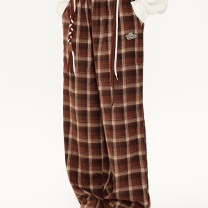 Vintage Plaid Wide-Leg Pants for Women with Tie Design, Loose Relaxed Trousers for Autumn Winter, Casual Y2K Style