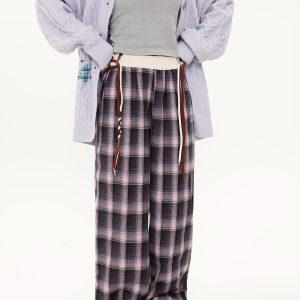 Vintage Plaid Wide-Leg Pants for Women with Tie Design, Loose Relaxed Trousers for Autumn Winter, Casual Y2K Style