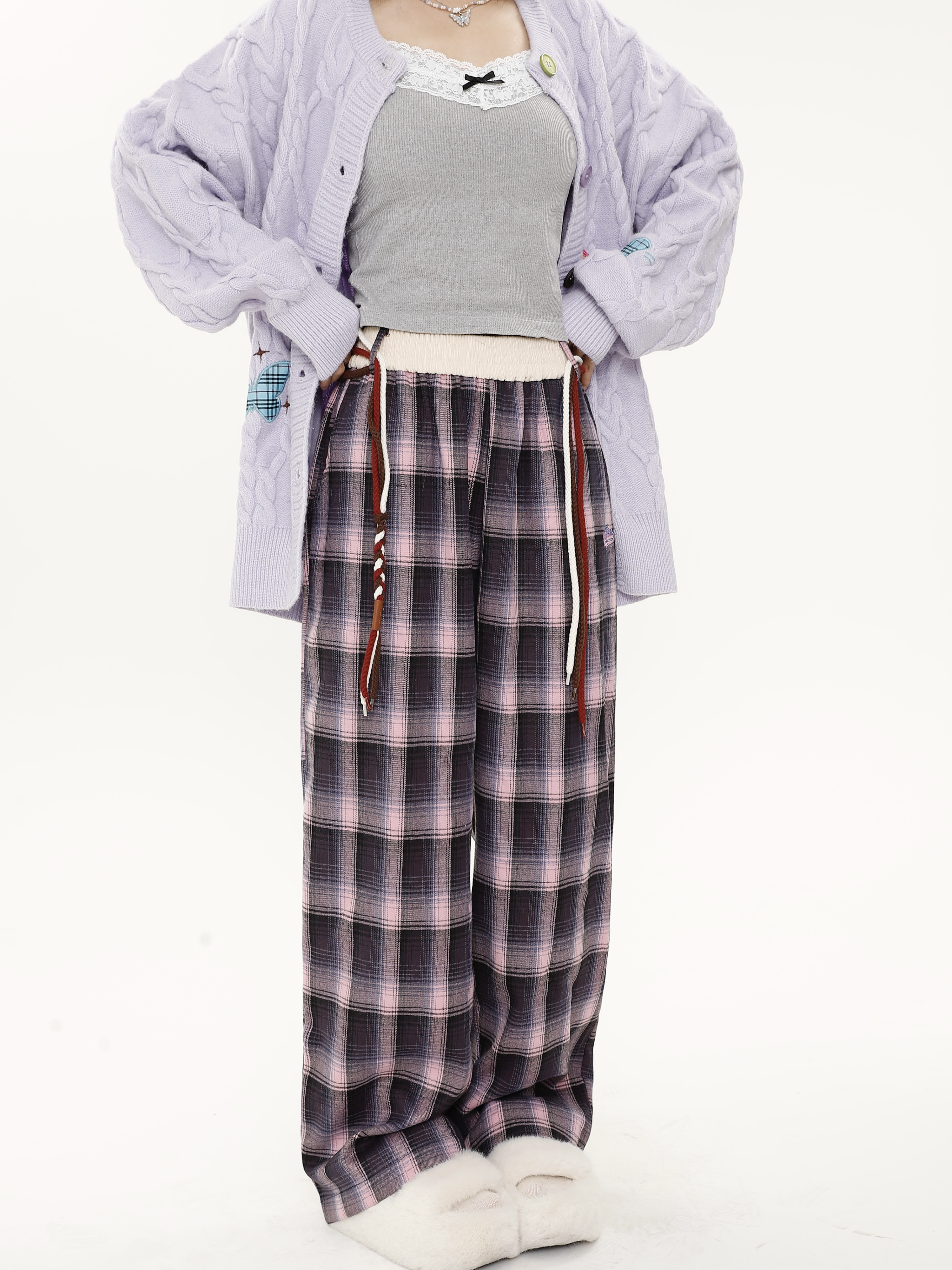 Vintage Plaid Wide-Leg Pants for Women with Tie Design, Loose Relaxed Trousers for Autumn Winter, Casual Y2K Style