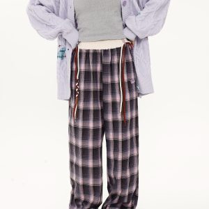 Vintage Plaid Wide-Leg Pants for Women with Tie Design, Loose Relaxed Trousers for Autumn Winter, Casual Y2K Style