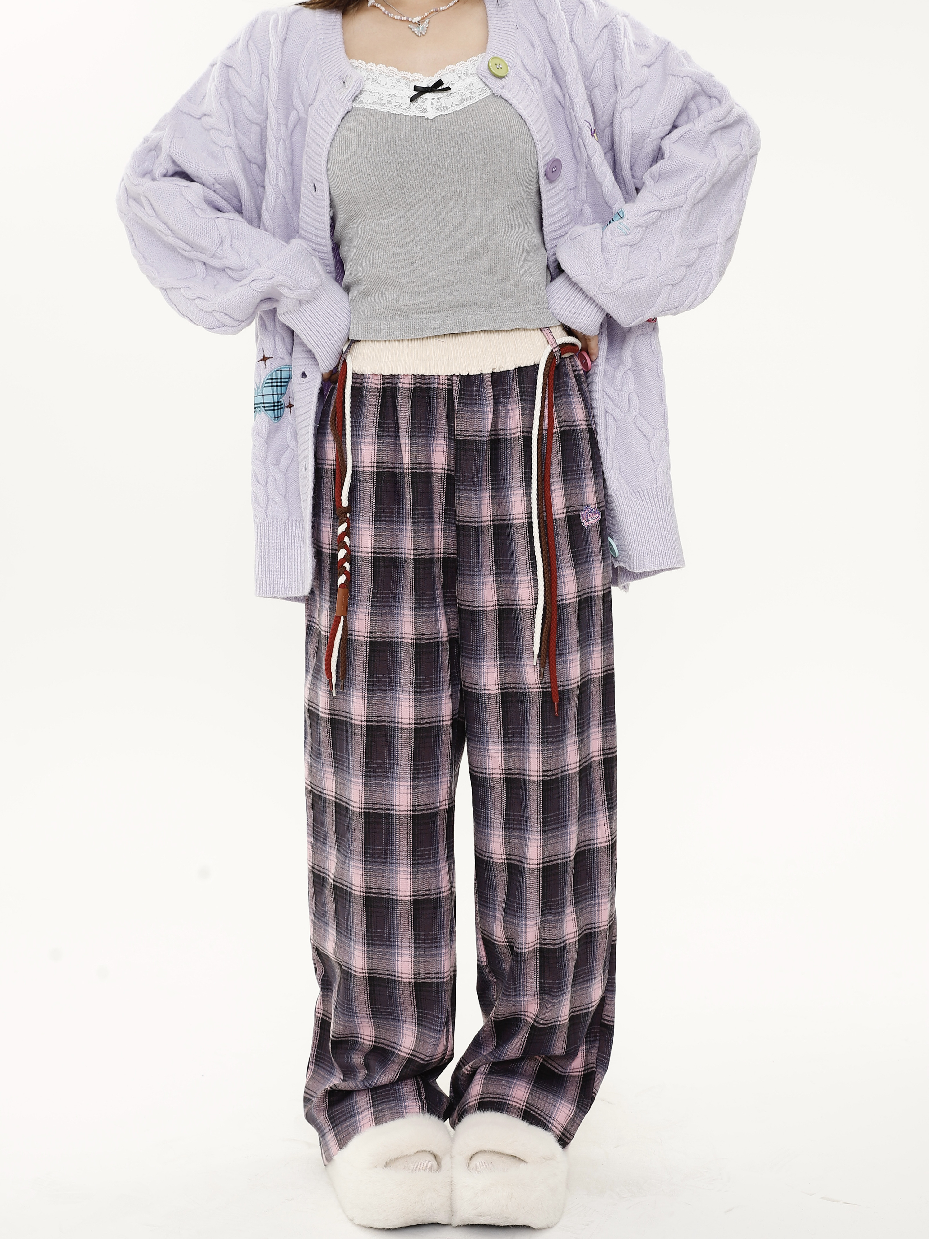 Vintage Plaid Wide-Leg Pants for Women with Tie Design, Loose Relaxed Trousers for Autumn Winter, Casual Y2K Style