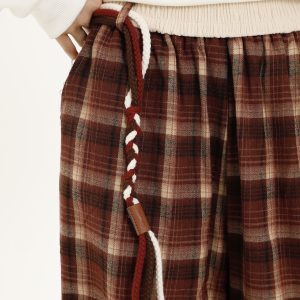 Vintage Plaid Wide-Leg Pants for Women with Tie Design, Loose Relaxed Trousers for Autumn Winter, Casual Y2K Style