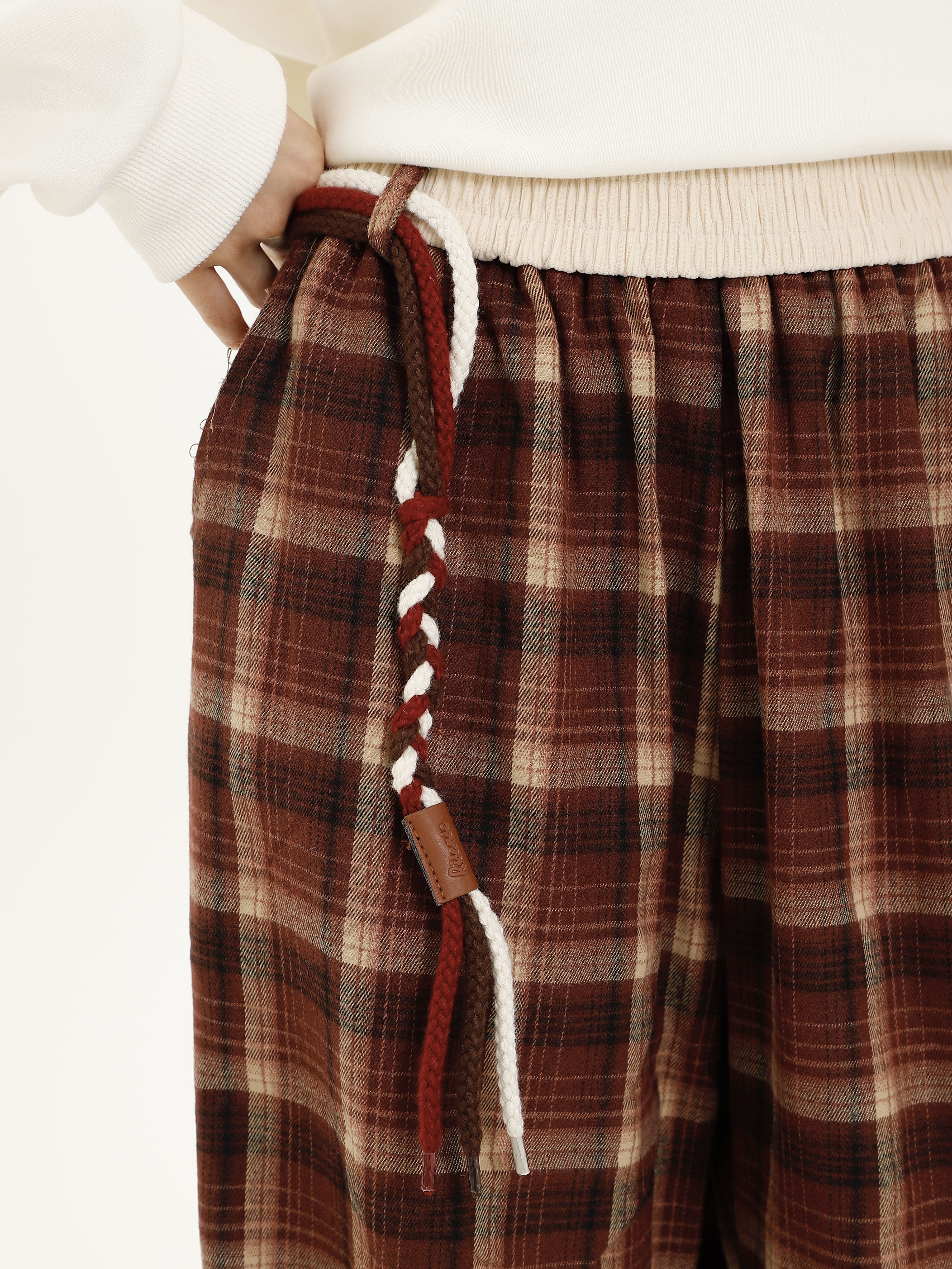 Vintage Plaid Wide-Leg Pants for Women with Tie Design, Loose Relaxed Trousers for Autumn Winter, Casual Y2K Style