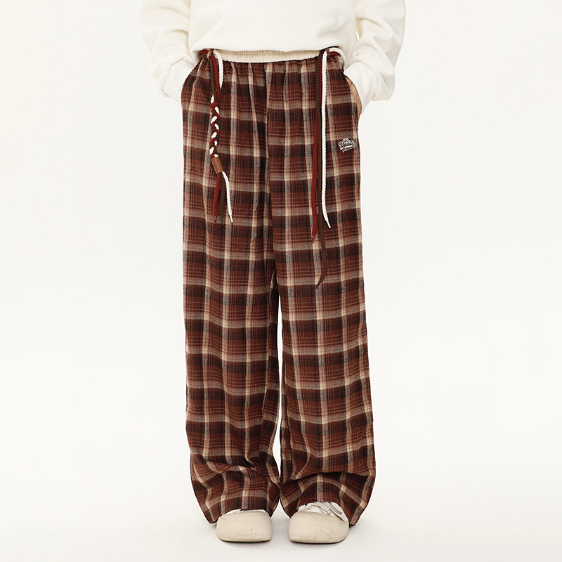 Vintage Plaid Wide-Leg Pants for Women with Tie Design, Loose Relaxed Trousers for Autumn Winter, Casual Y2K Style