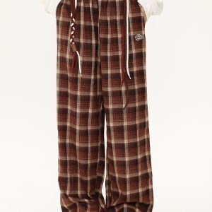 Vintage Plaid Wide-Leg Pants for Women with Tie Design, Loose Relaxed Trousers for Autumn Winter, Casual Y2K Style