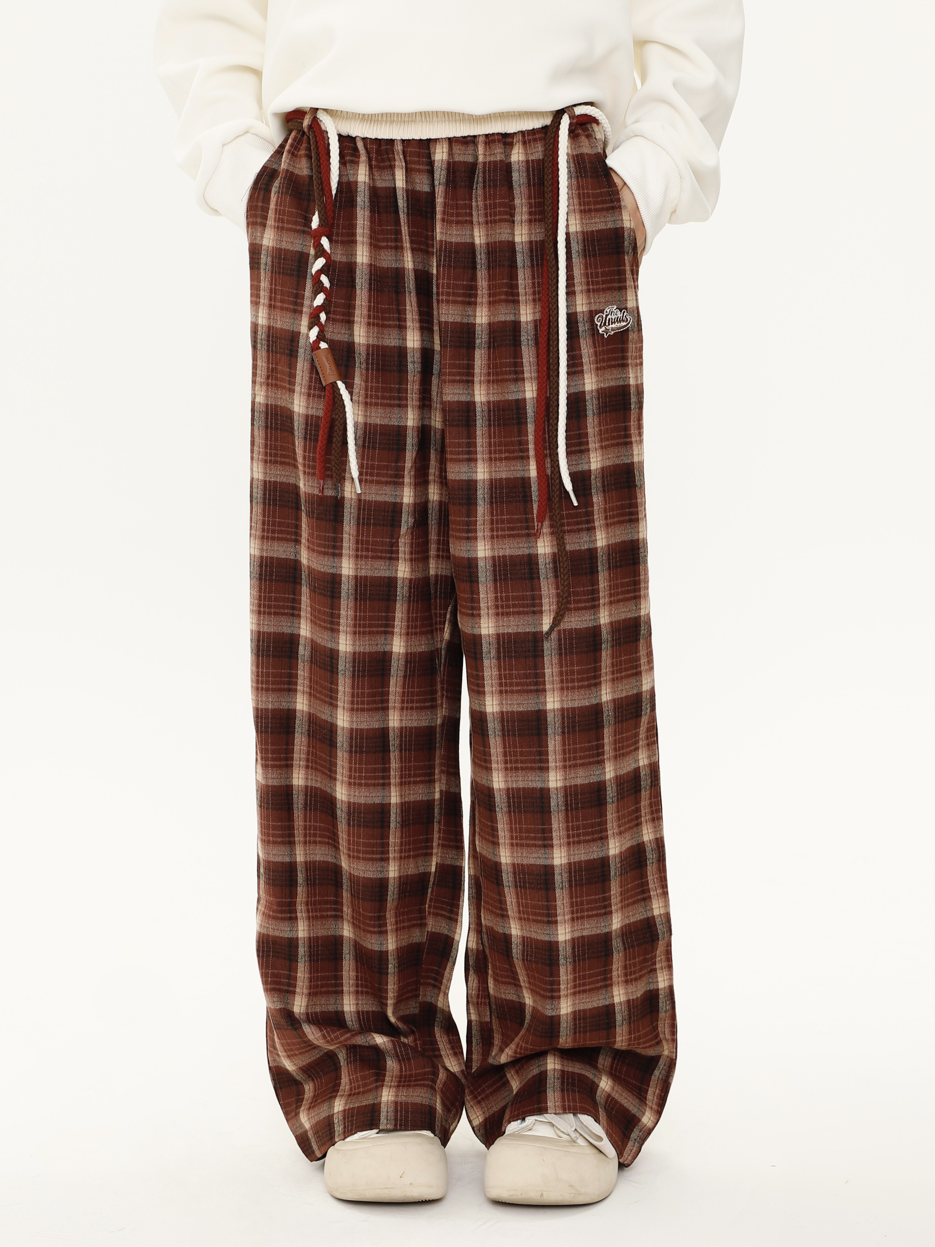 Vintage Plaid Wide-Leg Pants for Women with Tie Design, Loose Relaxed Trousers for Autumn Winter, Casual Y2K Style